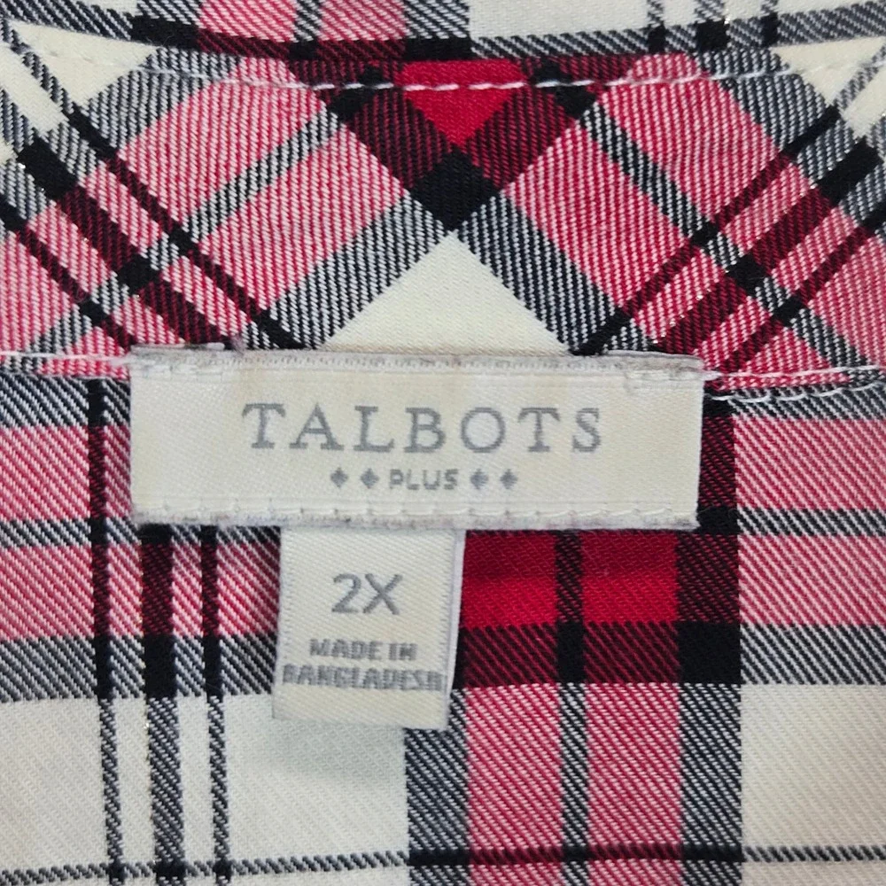 Talbots Plaid Button Down Shirt Women 2X Red Black Tartan Long Sleeve Preppy Top
